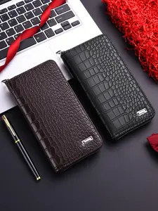 Men's Crocodile Pattern Zip Wallet, Large Capacity Card Holder, Business Casual Phone Bag, PU Leather Long Wallet, Father's Day Gift