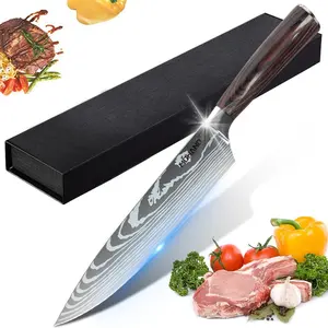Japanese Chef's Knife - 8 Inch Sharp Kitchen Knife, Damascus Style Stainless Steel Professional Kitchen Knife for Slicing with Sheath, Box Knife Body Wooden