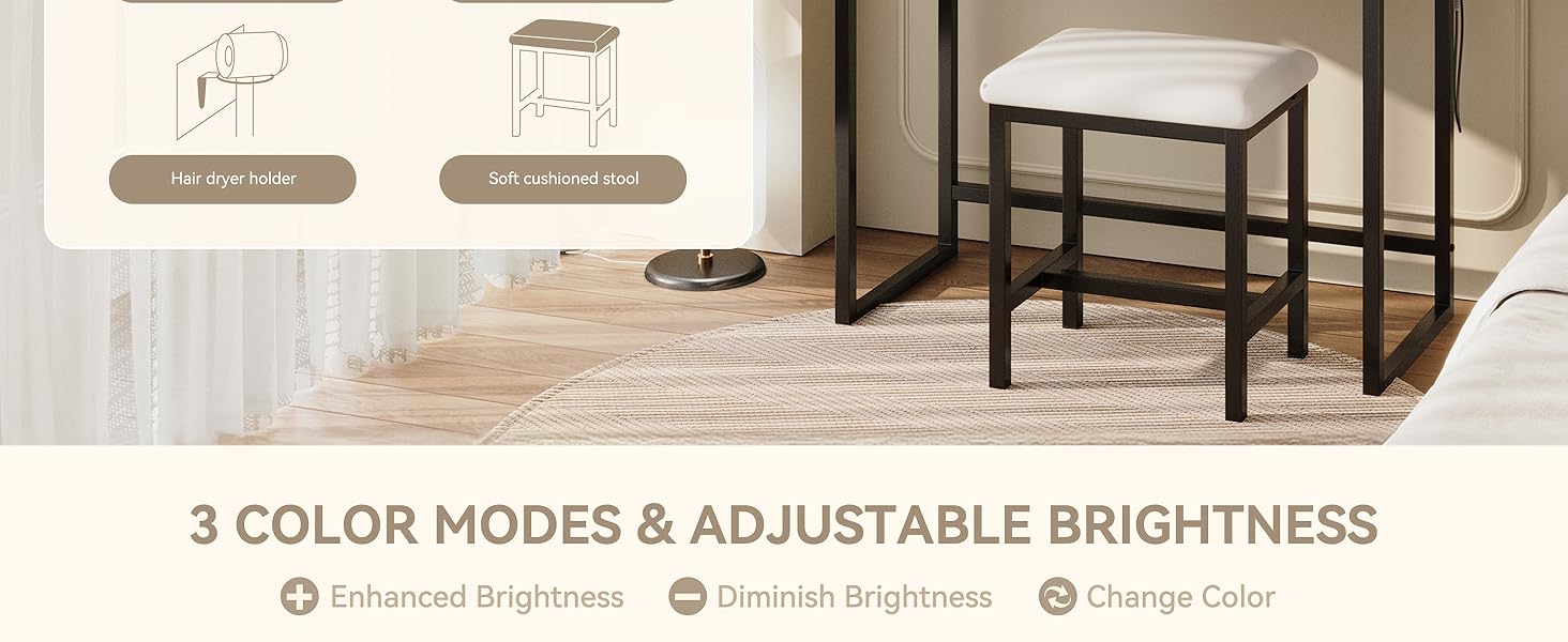 [Summervibes] Vanity Desk with 360° Rotating LED Mirror & Lights, 2 Drawers & 6 Shelves, Dressing Table with Power Outlet & Hair Dryer Holder – Perfect Gift for Her & Bedroom Essential