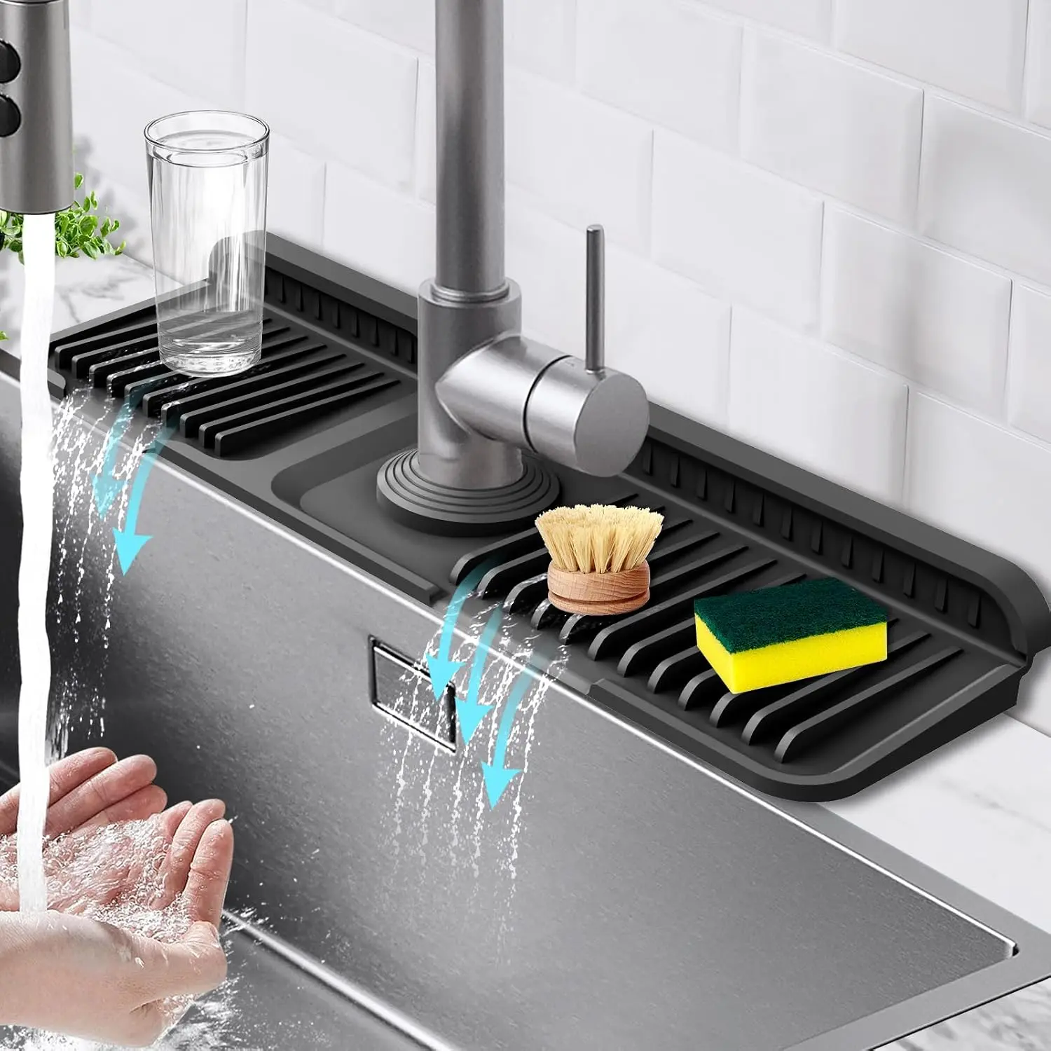 17.7 Inch Kitchen Sink Splash Guard Mat, 7° Slope Fast Self-Draining, Snap-Lock Design, Universal Cuttable Silicone Sink Water Catcher Mat for Kitchen Faucet.