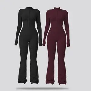 Summervibes Long Sleeve Flare Jumpsuit for Women - Zipper One-Piece Suit, Full Body Jumpsuit, Yoga Bodysuit, Wide Leg Sexy Fitted Jumpsuit wide leg bodysuit Sports Outfits Stretchable Activewear Outdoor Fun