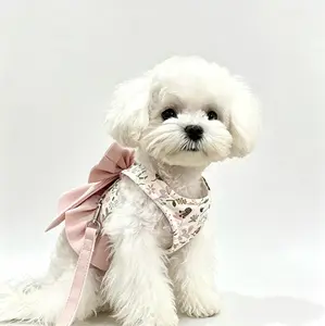 Cute Floral Dog Harness Dress with Big Bow Soft Princess Vest for Small Dogs Adjustable Pet Harness Leash Set in Pink Blue Green Colors - Bowtie