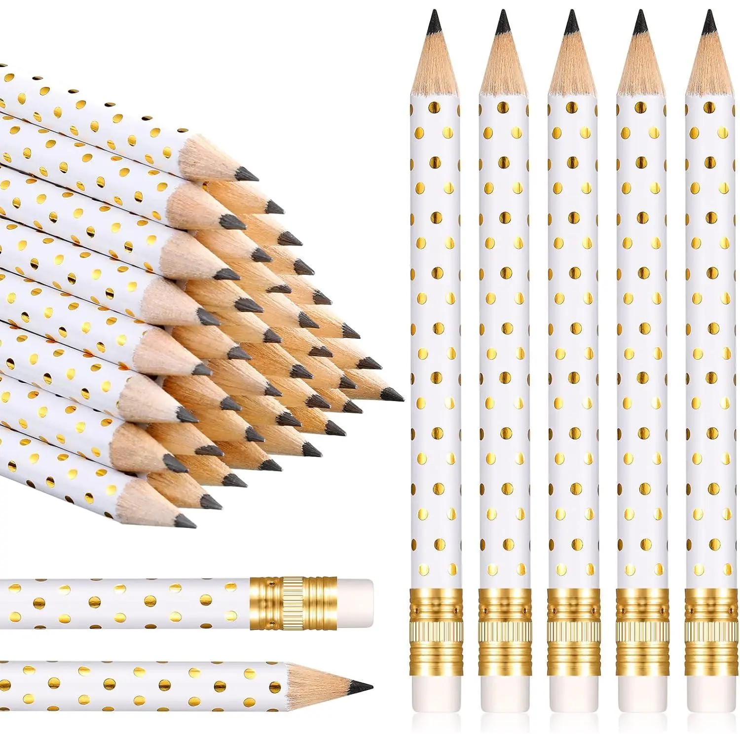 50 count Bridal Shower Mini Pencils Pocket Half Golf Pencils with Eraser Pre Sharpened for  Shower Wedding School Office Supplies, 4 Inch(White and ,Dot)