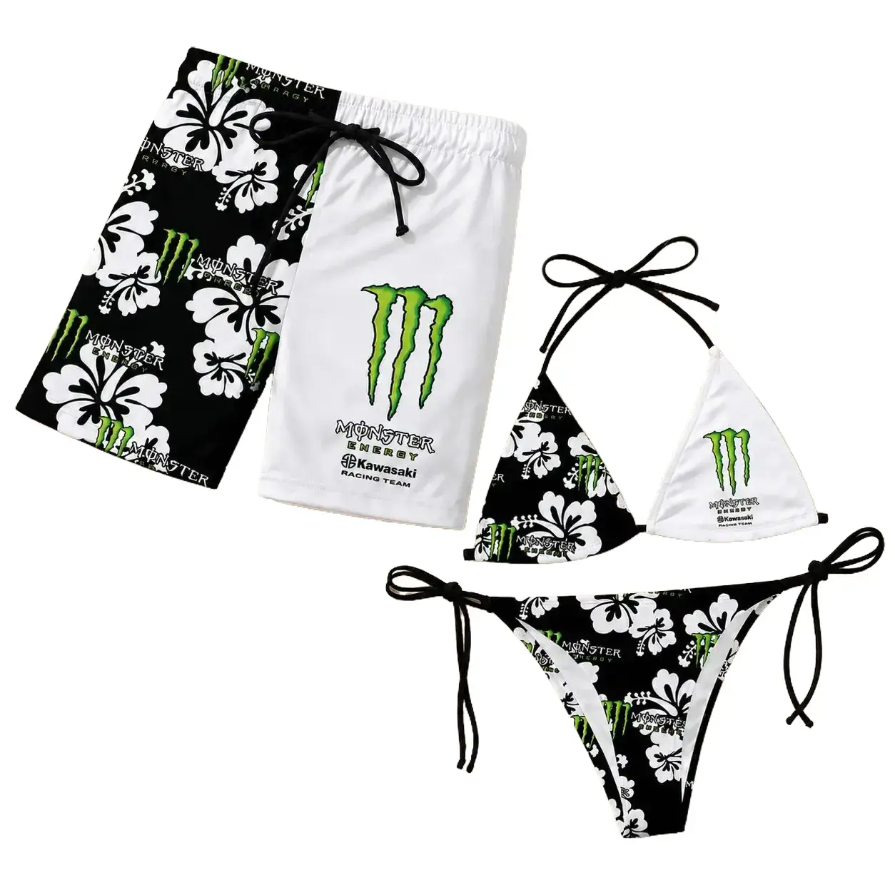 Monster Floral Swimsuits for Couples - Women's Swim Bra & Tie-Side Thong Bikini, Men's Beach Shorts, Summer Vacation Hawaiian Swimwear
