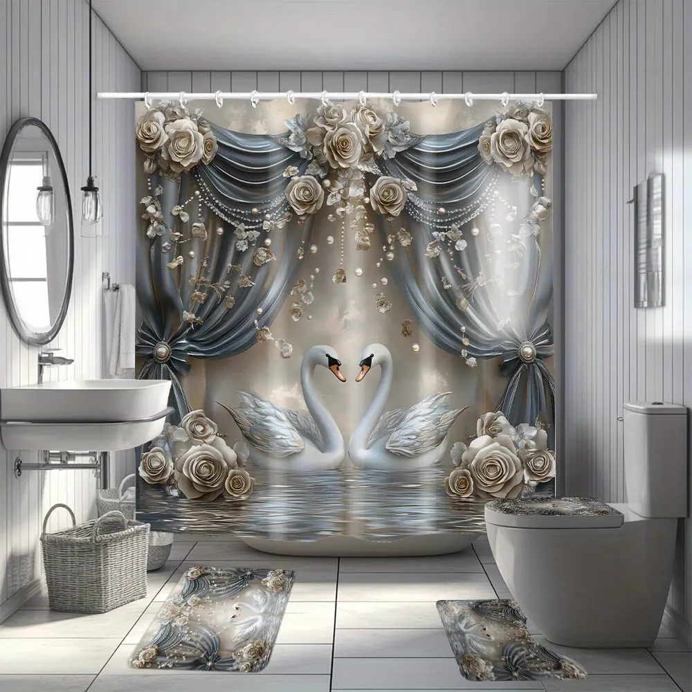 Ahty 4pcs vintage-style gray swan shower curtain set with multiple hooks, decorative bathroom set including non-slip floor mat, toilet seat cover, toilet lid cover, bedroom decor, home decor, Christmas bathroom decor and accessories, the perfect gift