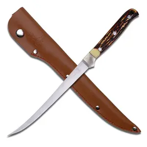 Elk Ridge - Fillet Knife 12.25-in Overall, 440 Stainless Steel Blade, Jig Bone Handle, Leather Sheath - Outdoors Fixed Blade for Hunting, Camping, Survival