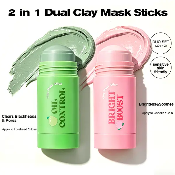 BEDOOK 2‑in‑1 Dual Clay Mask Stick, 2-Piece Set 2 x 20g | T-Zone Oil Control & U-Zone Brightening, Blackhead Remover, Deep Pore Cleansing, Mess-Free Non-Drying Detox Mask, Gentle for Sensitive Skin, Face masks