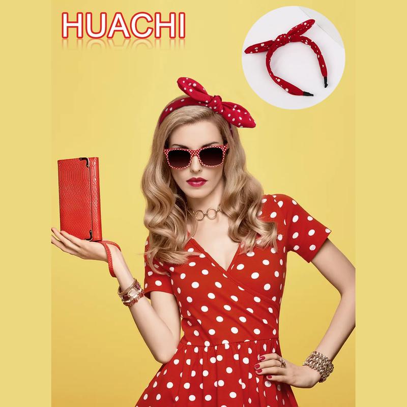 Huachi 3 Packs Bow Headbands for Women Halloween Polka Dot Bunny Ear Headband Cute Turban Head Bands Vintage 50s Hair Accessories