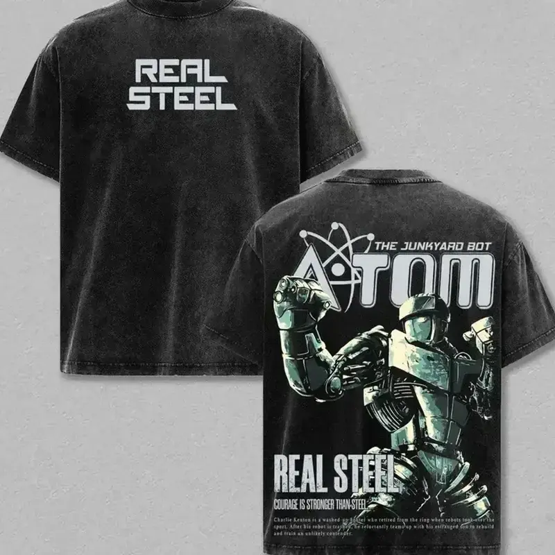 Vintage Real Steel Atom Double Sided Washed T Shirt Front Simple REAL STEEL Text Back The Junkyard Bot Atom Boxing Robot Graphic Oversized Unisex Sci-Fi Movie Short Sleeve Streetwear Tee