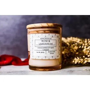 Rose & Labdanum | 8oz Coconut-Apricot Candle (Topped with Dried Flowers) + Free Car Air Freshener