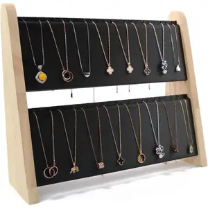 1 count 34 Grids Double-Deck  Leather Soft Mat Multiple Necklace Display Stand Necklace Chains Organizer Holder for Home (Black)