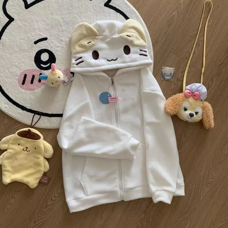 Kawaii Lolita Style Women Fleece Hoodies Cutecore Oversize Japanese Soft Girl Zipper Sweatshirt Casual Cartoon Cardigan Jacket