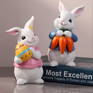 Easter Bunny Rabbit Resin Figurine Decorative Sculptures Holding Egg or Carrot, Garden Decor for Home & Coffee Shop, Unique Easter Decoration