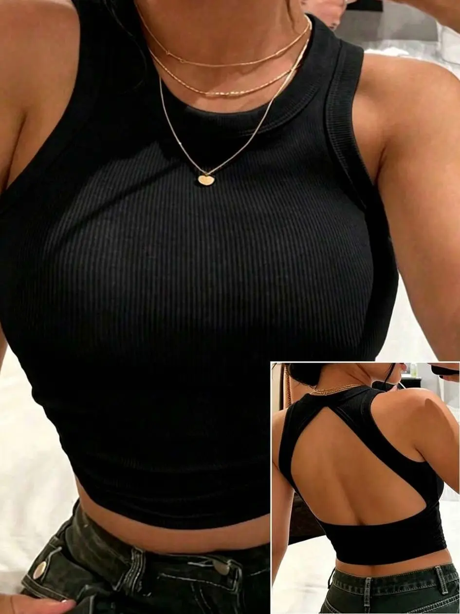 Ribbed Knit Backless Cropped Tank Top, Minimalist Slim Fit Sleeveless Top, Summer Commute