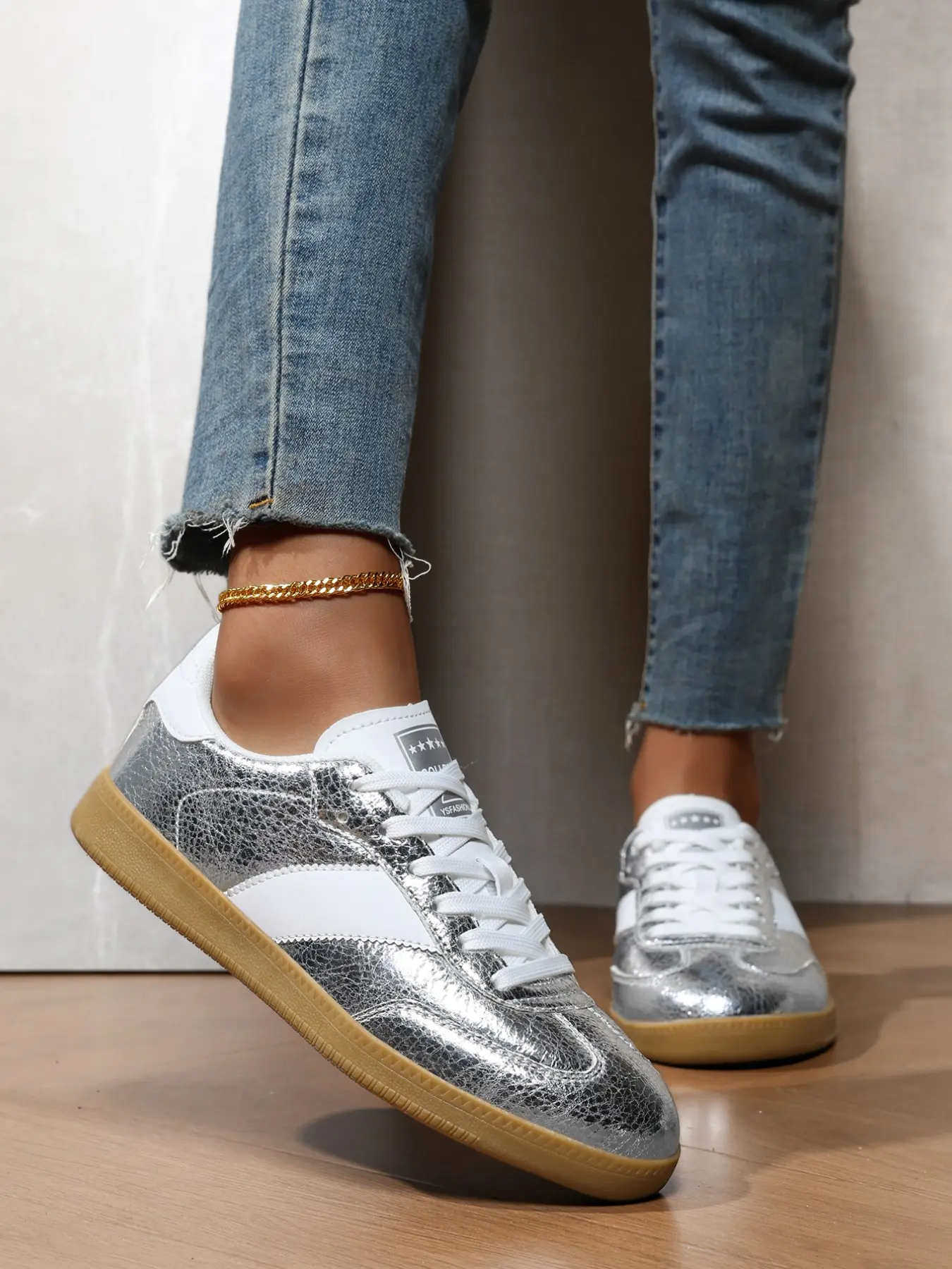 Summer Bestseller Glossy Silver Color Trainer Shoes Walking Shoes Sports Shoes, Retro Versatile Student Daily Casual Sneakers, Casual Trainers, All Seasons Low Top Medium Width