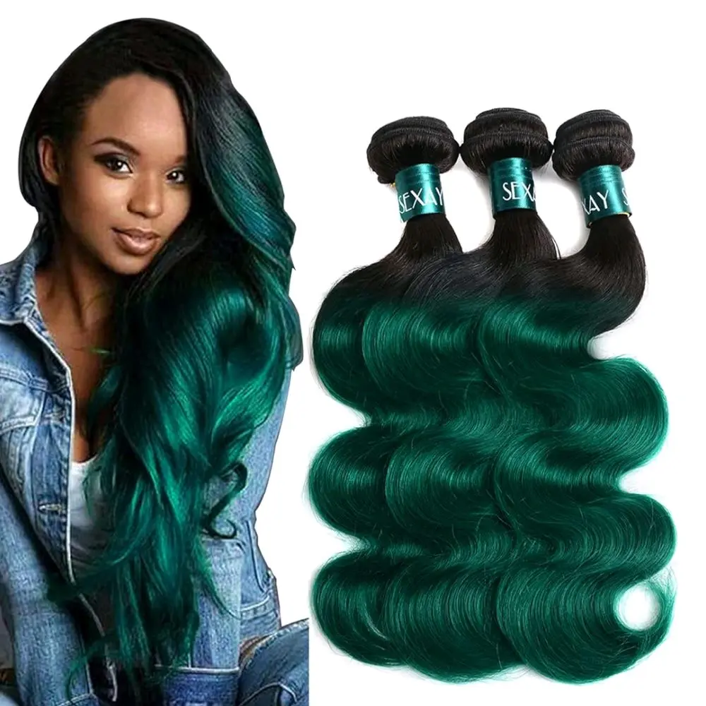 Brazilian Ombre Body Wave Weave Virgin Hair Green Remy 3 Bundles 100% Human Hair Bundles Extensions T1b/Green Color (18 20 22)