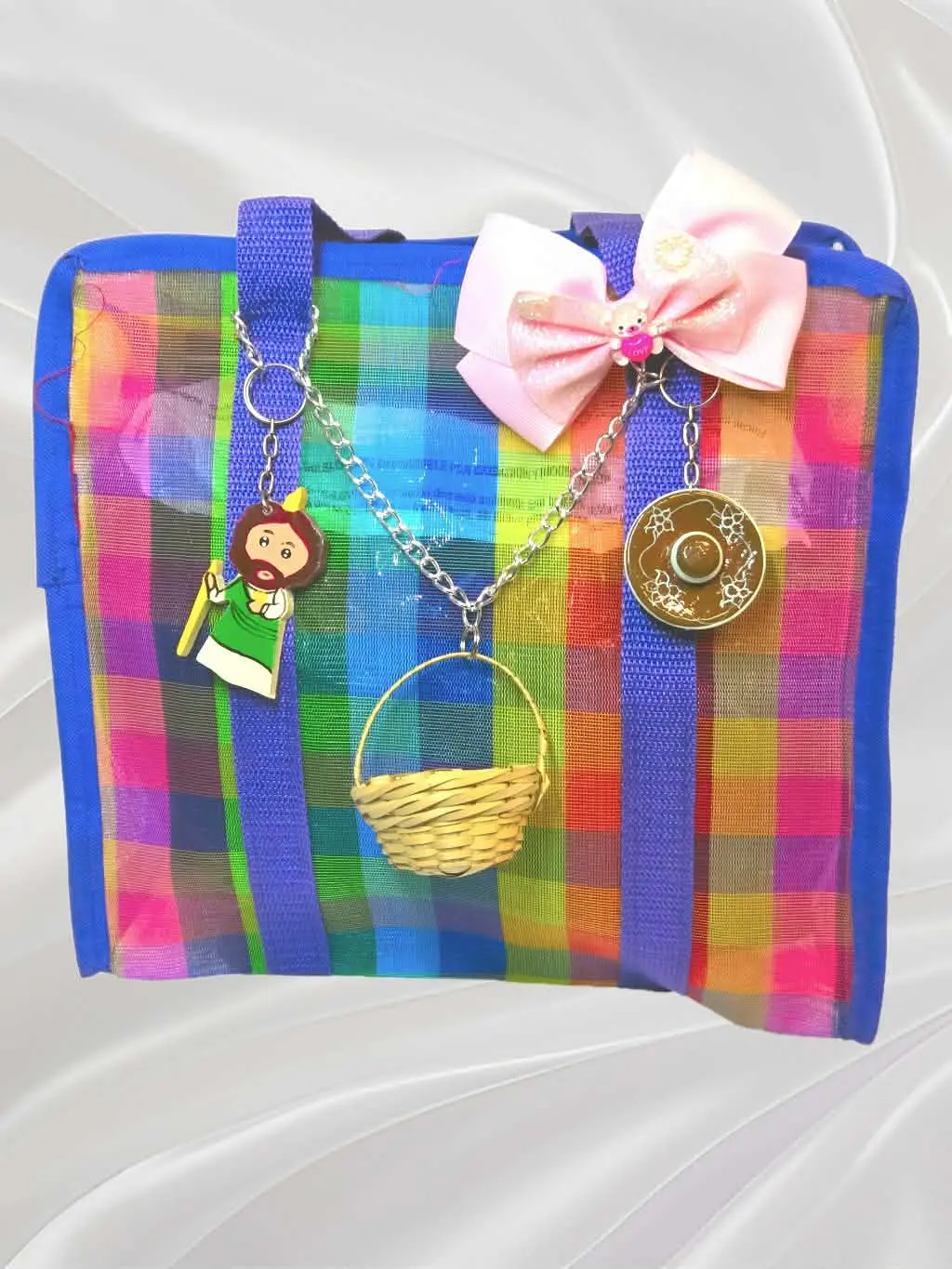 Nail Extravaganza Culturally-Inspired Multi-Colored Women's Handcrafted Striped Handbag #2, Double-Sided Frida and Boyfriend Design, 11in x 11in x 5in, Compact Practical Everyday Use Bag, Culturally-Inspired Women's Handbags, Multi-Colored Women's Handbag