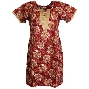 Tunic for Women 100% Cotton Beige Velvet V-Neck Turquoise Kurti White Gold Cirlce Short Sleeves Long Kurta Tunic Top.