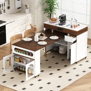 TREXM Extendable Dining Table with Extra-Long Folding Top, Rolling Kitchen Island with Drawers, Power Outlet and Brake lock, Storage Cabinet for Kitchen and Dining Room (Walnut + Creamy White)