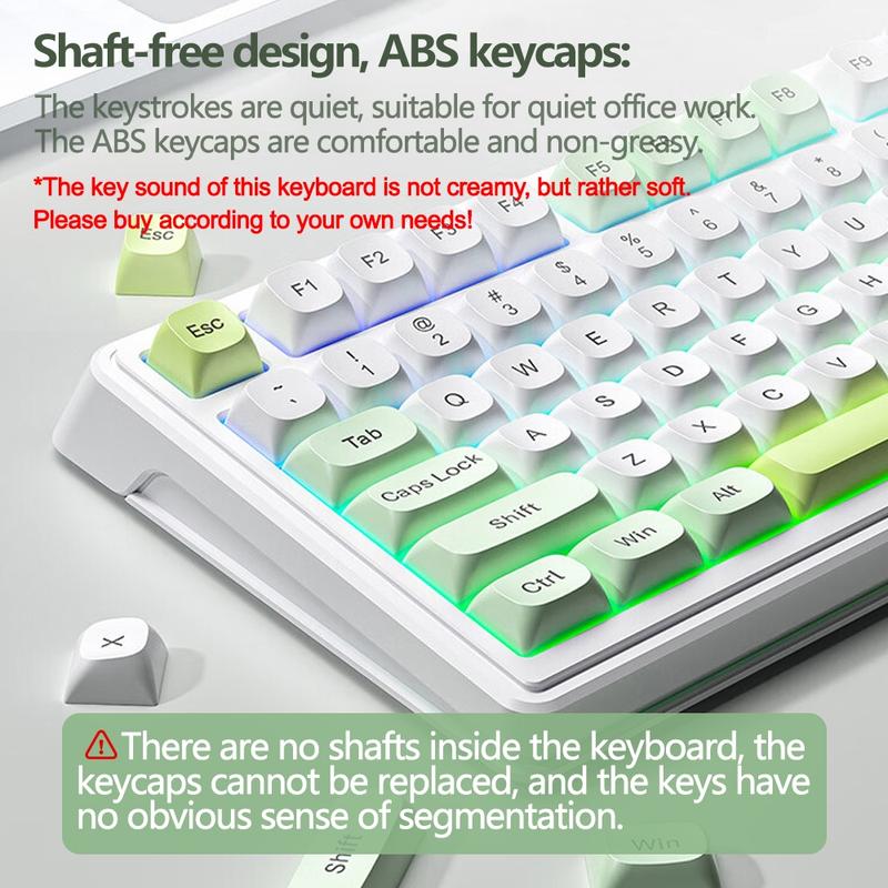 AULA F3099 membrane keyboard, features a 99-key layout, cool lighting effects, RGB Backlight Keyboard, supports wired and wireless connectivity, a 2000mAh rechargeable battery, quiet key presses, and compatibility with Windows/Mac/iOS devices. office use.