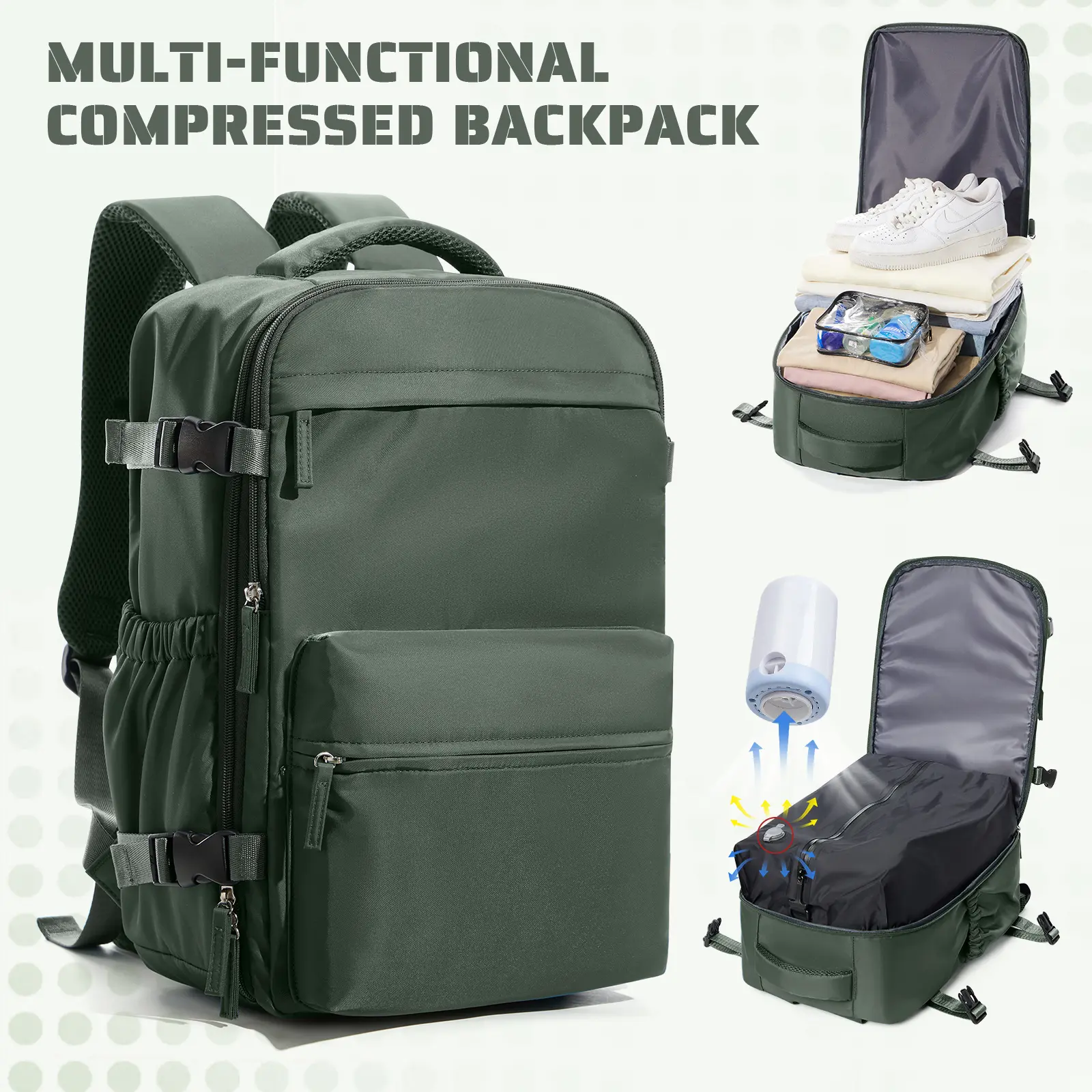 HYC00 Vacuum Compression Travel Backpack with Pump - Durable, Adjustable, Airline-Approved Casual Carry-On, Large Outdoor Hiking Rucksack for Men and Women, Travel Essential Bag (Green, Black), Durable Backpack, Adjustable Backpack