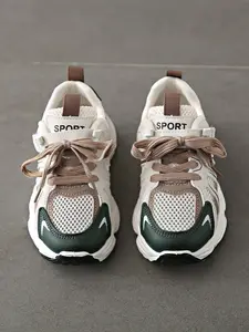 Girls' Colorblock Sneakers, Lace Up Trainers, Breathable Mesh & Durable Leather, Anti-Slip Thick Sole, Lightweight Comfort, Spring/autumn Schoolwear