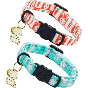 2 Pack Easter Cat Collars White and Orange Rabbit Print Breakaway with Bell Pendant Safety Buckle Adjustable Pet Collar Gift for Cats and Small Pets