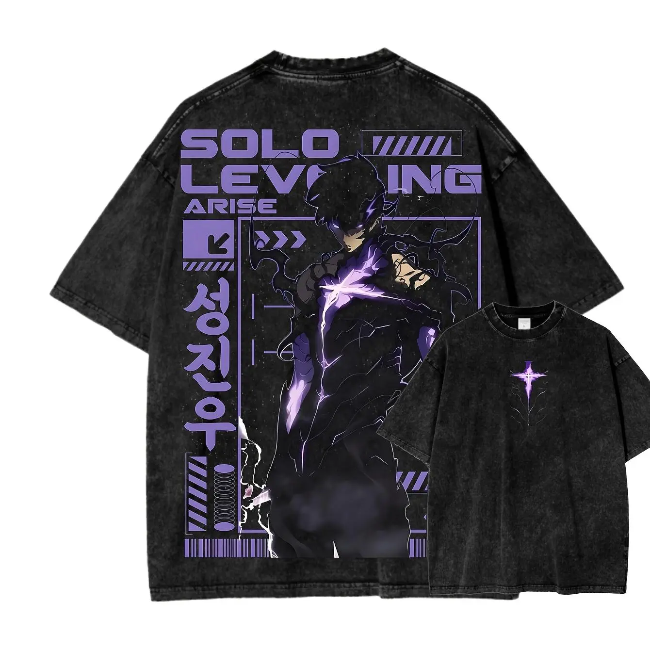 Unisex Fitted Cut T-Shirt with Solo Leveling Arise Graphic Print, Retro Washed Style for All Seasons Wear, Multi-Size, Retro Theme, Washed Finish, Streetwear, Personalized, Sportswear, Shortsleeve, Casual, Menswear, Tops, Crew Neck, Round Neck, Retro Wash