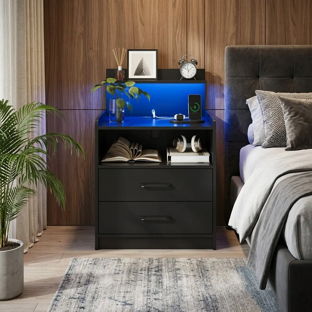 RGB LED Rectangular Nightstand with MDF Board, 2 Drawers & Open Multi-Storage, Built-In USB Ports & Charging Station Power Outlets, Assembly Required Modern Indoor Table for Bedroom Decor, RGB LED Ambient Light, Daily Household Use