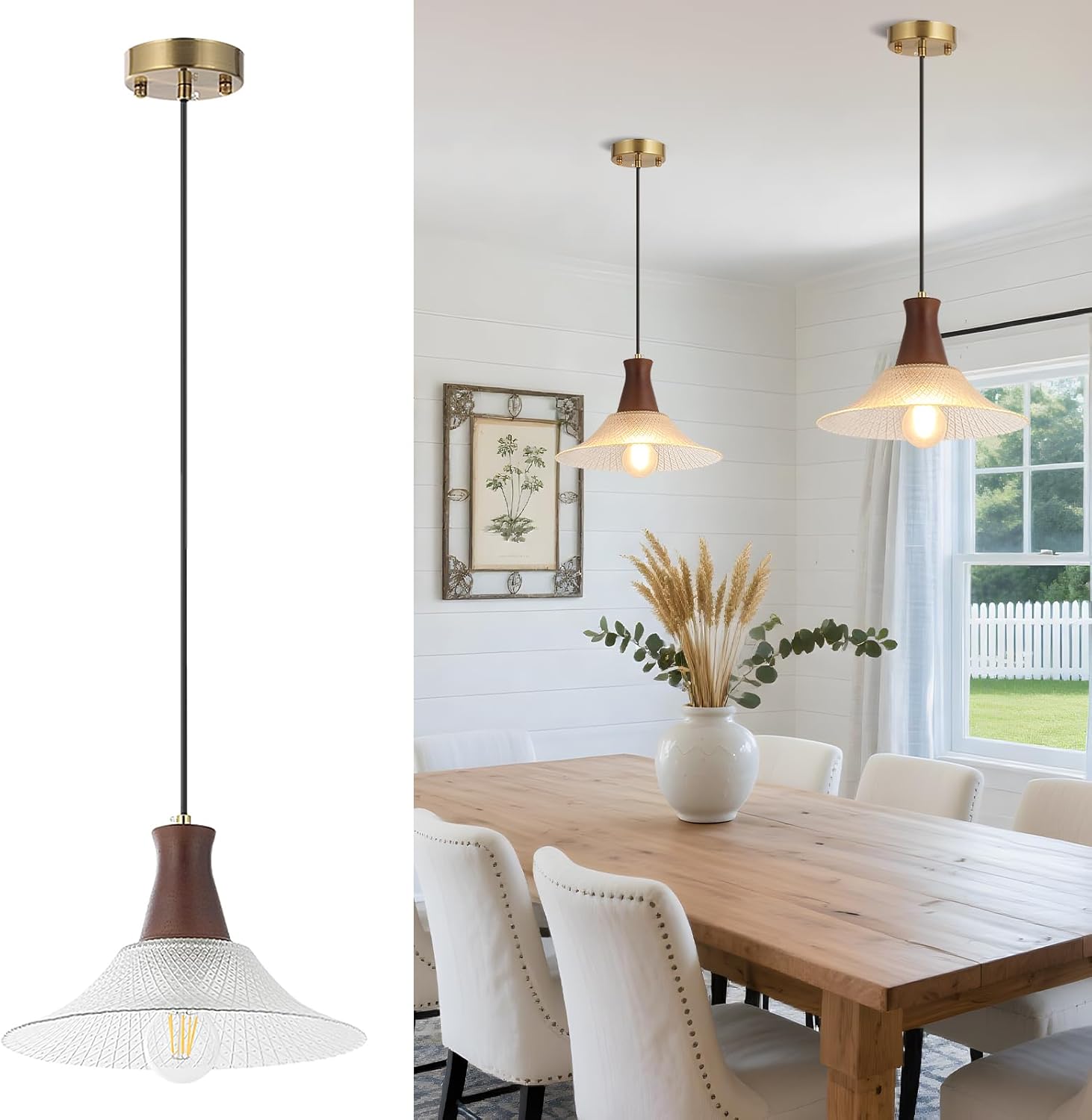 Vintage Kitchen Island Pendant Light Fixtures, Clear Wood & Glass Pendant Lighting, Modern Farmhouse Hanging Light with E26 Base (Crystal+Wood, 1 Pack)