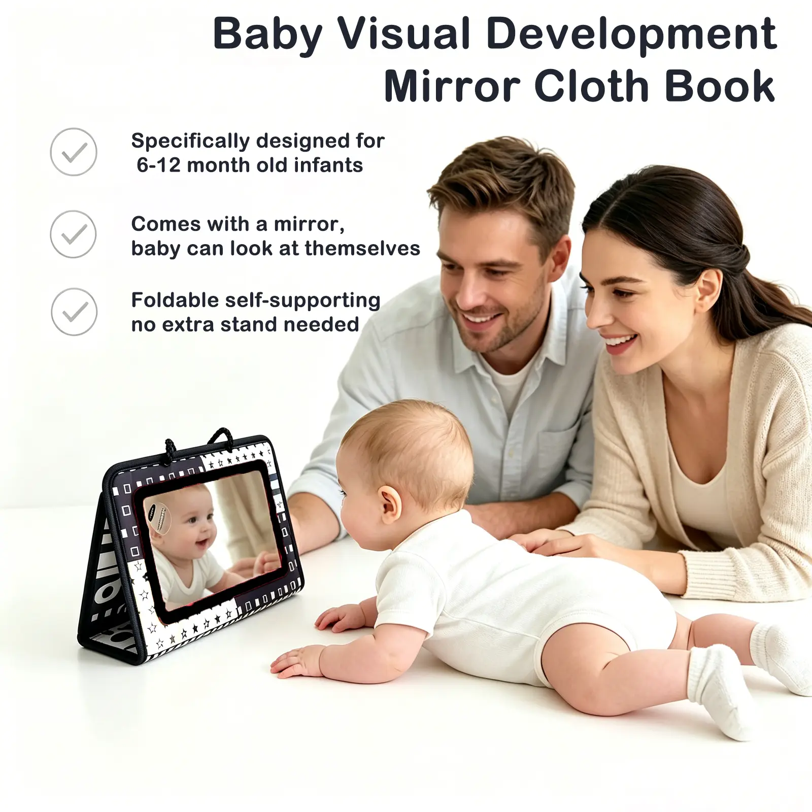 YRUIZEUP Tummy Time Toy, Foldable High Contrast Sensory Book with Animal Shapes and a Safe Mirror, Soft Polyester Fabric for Baby, Strollers, and Car Seats, Built-In Safety Mirror Design, Birthday, Newborn, High Contrast Visual Stimulation, Home Use