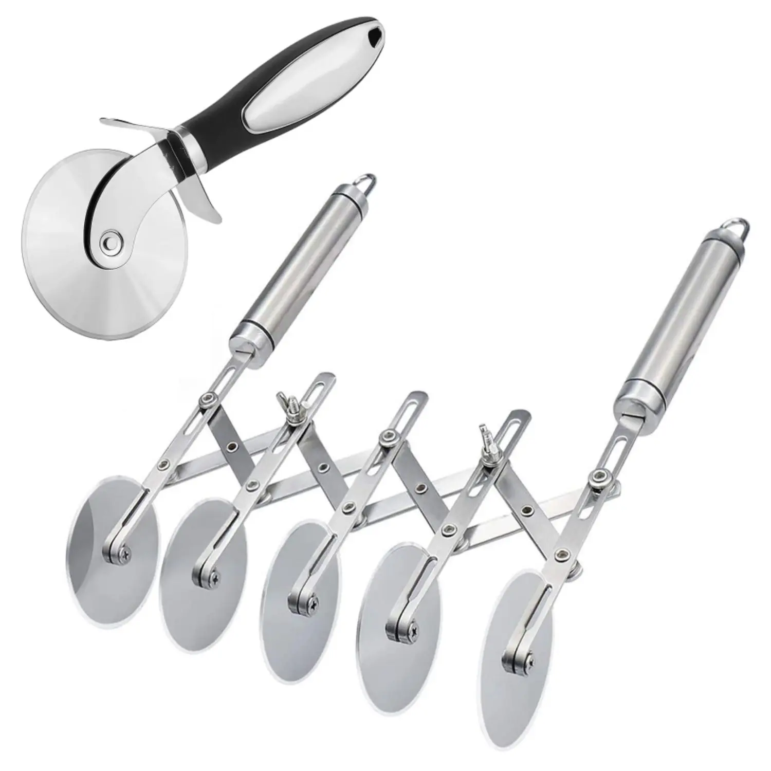 5-Wheel Food-Safe Metal Pastry-Pizza Cutter 2 Pcs, Adjustable Wheels Dough Cutting Hand Tool with Ergonomic Dual Handle, Expandable Locks for Baking, Heavy-Duty Kitchen Hand Hardware