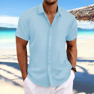 Summer short-sleeved shirt, lightweight and breathable, suitable for beach vacations, pool parties and casual wear, solid color shirt, men's shirt, men's short-sleeved top.