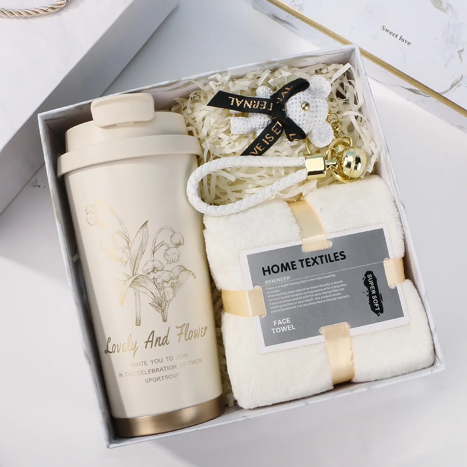 Eternal Gift Platinum Gift Box with Lily of the Valley Thermos Coffee Cup Greeting Card & Gift Bag Perfect for Birthdays Parties Halloween Christmas Teacher's Day Business Essentials Set