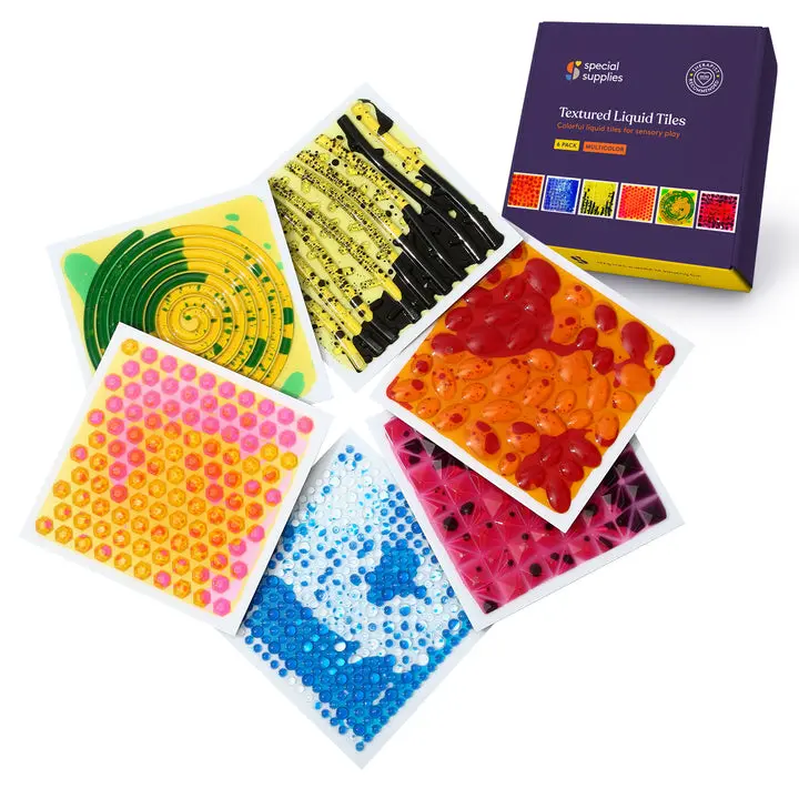 Special Supplies Textured Square Floor Liquid Tiles for Kids, Set of 6, Colorful Early Learning Sensory Activity Mats for Toddlers and Children, Anti-Slip Backing for Active Play, Dance, and Games