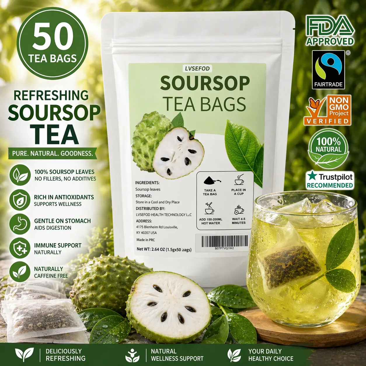 LVSEFOD  pure 50bag natural high-grade Mexican import Soursop Tea, Soursop Graviola Leaf Tea Bags. Té de hojas de guanábana, Wellness Herbal Tea, Natural Digestion Support, No Sugar, No Caffeine