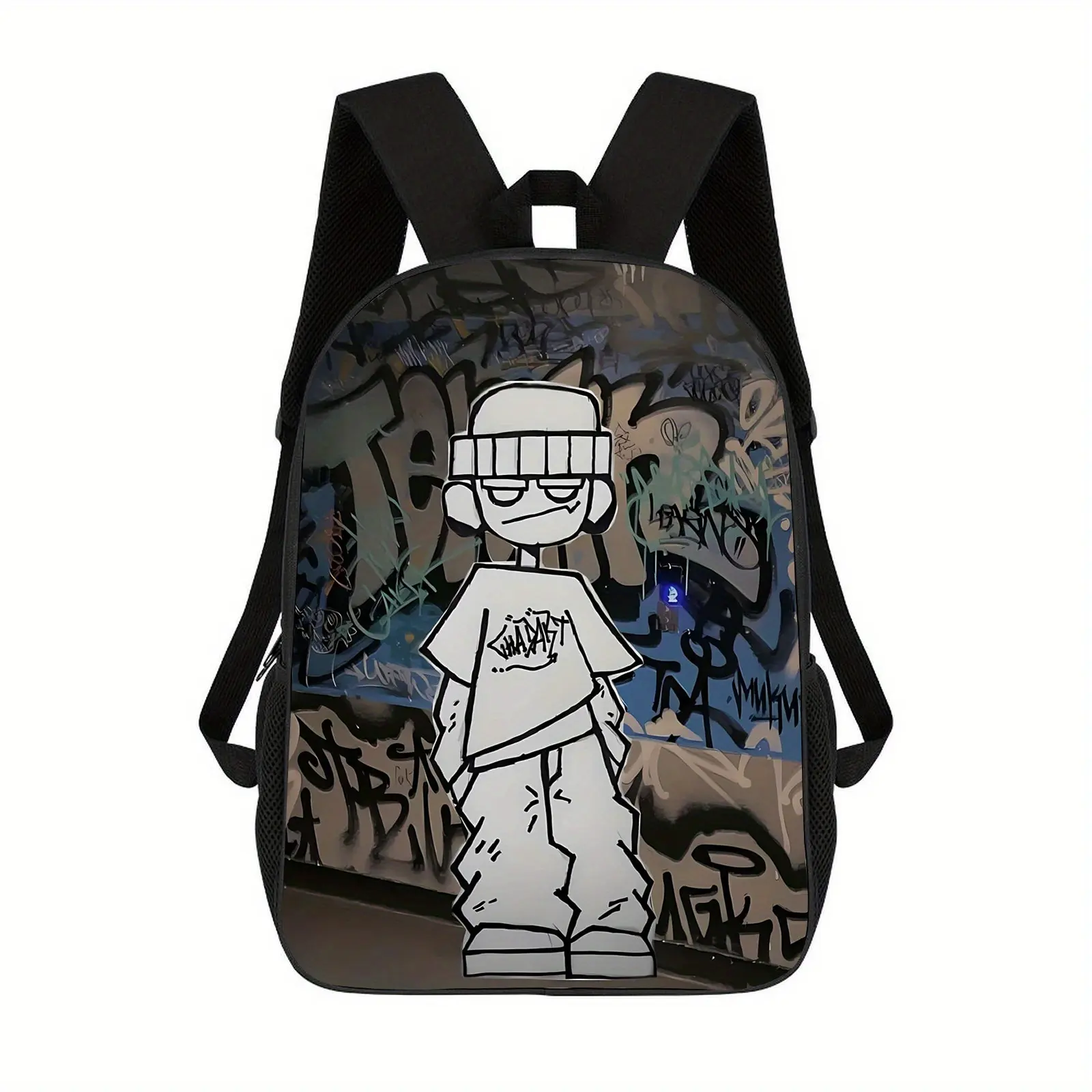 Durable Water Resistant Single Kids Backpack, Lightweight 600D Oxford School Daypack with Cool Hip Hop Cartoon Guy & Multi-Tone Wall Graffiti Full Print, Breathable Padded Strap Large Capacity Streetwear Casual Bookbag for Trendy Teen Boys