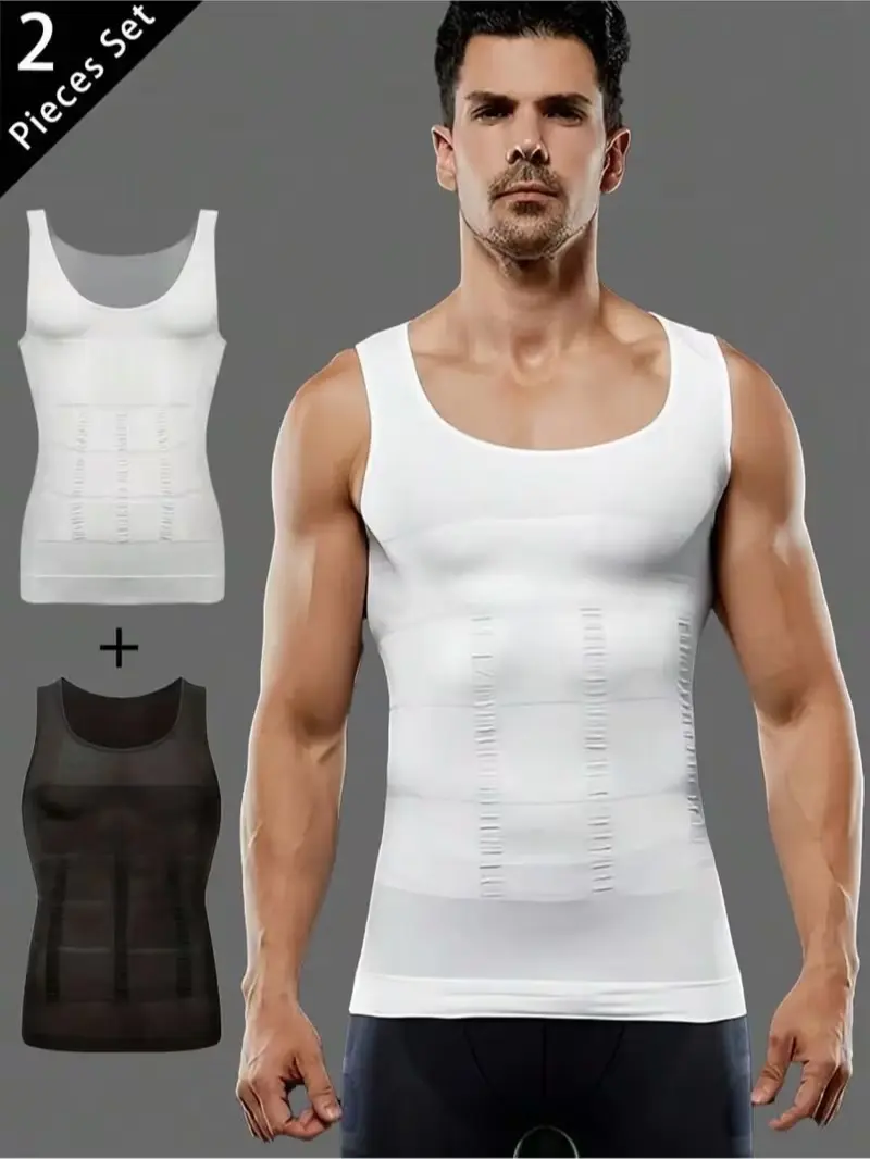 2Pcs Men High Stretch Compression Tank Top, Crew Neck Soft Nylon Cotton Sleeveless Undershirt
