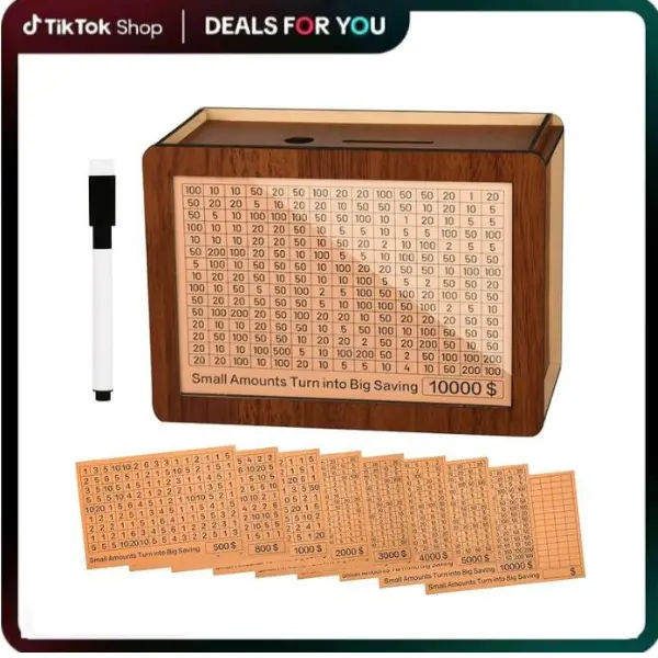 10000 Wooden Money Saving Challenge Box Cash Vault Piggy Bank for Adults Kids Savings Goals Smash Box Saver (10 Amounts)