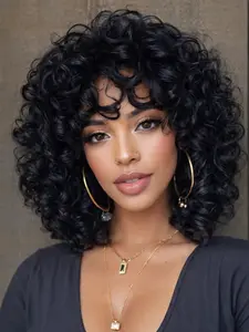 Short Curly Wigs for Women Soft Black Big Curly Wig with Bangs Afro Kinky Curls Heat Resistant Natural Looking Synthetic Material Wigs for African American Women