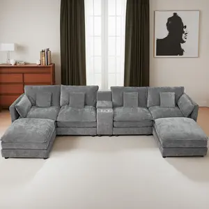 144" U Shaped Sectional Cloud floor Couch for Living Room, Comfy Fluffy Modular Sofa with Movable Ottoman Modern Chenille 6 Seat Sectional Sofa Set with Storage Box, Furniture Sets, Cup Holders