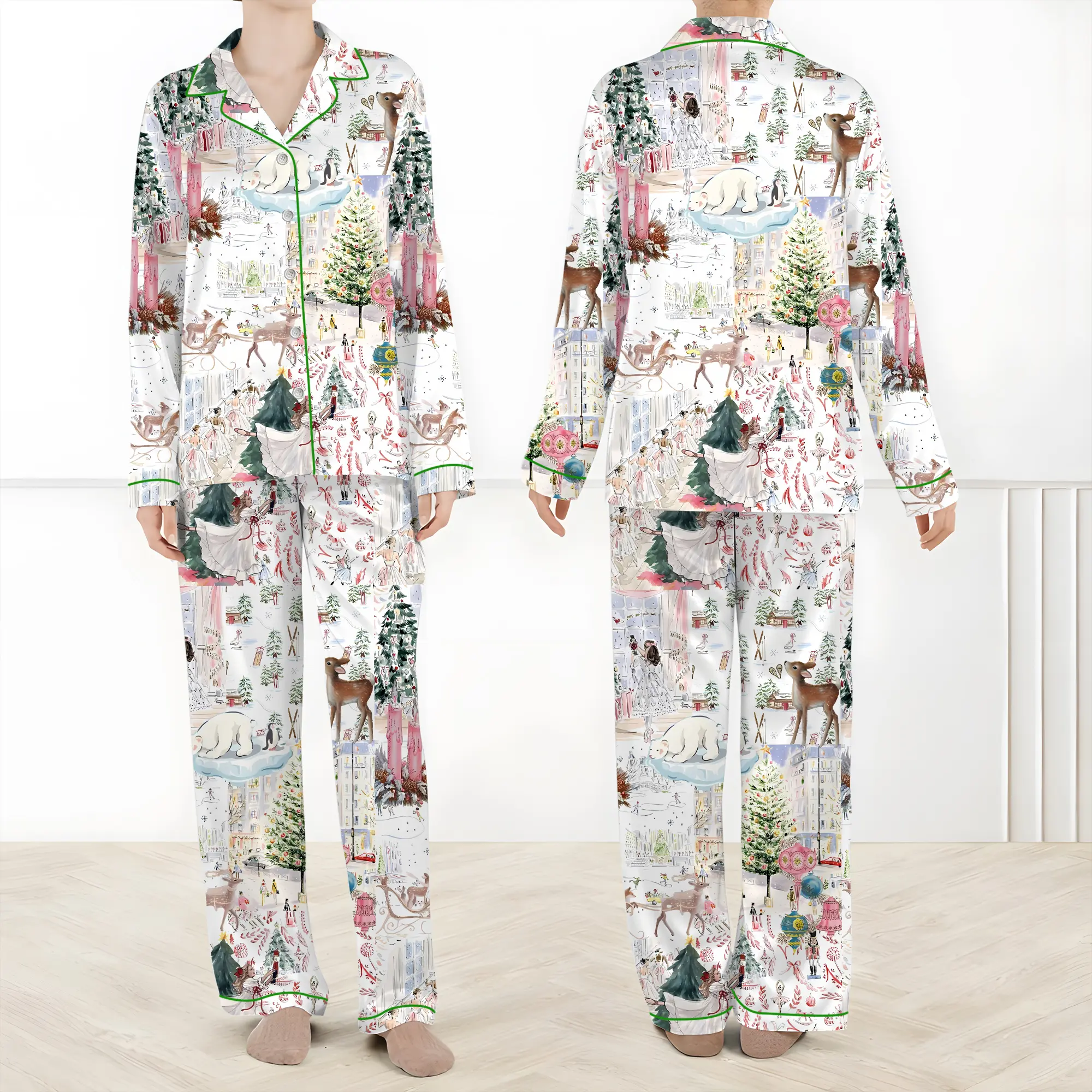 Women’s White Christmas Ballet Christmas Tree Elk Short Sleeve Satin Pajama Set, Pajama Nightwear Hot, Pajama Nightwear, Set for Her Women