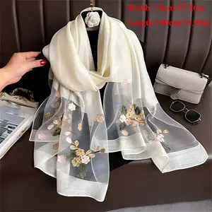 5-color options, spring/summer lightweight scarf with breathable floral embroidery, soft and thin shawl, perfect for evening outings or travel, suitable for mature women