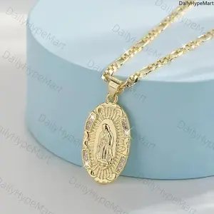 14K Gold Plated Oval Virgin Mary Pendant Necklace, Charming Festival Gift for Women