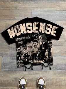 Nonsense Rap Singer Short Sleeve T-shirt for Men and Women, Loose, Ripped Bat Sleeve Version, Hip Hop Cartoon Character Printed T-shirt, European and American Street Style Short Sleeve Shirt, 2026 Summer Casual Short Sleeve Y2K Style, Streetwear