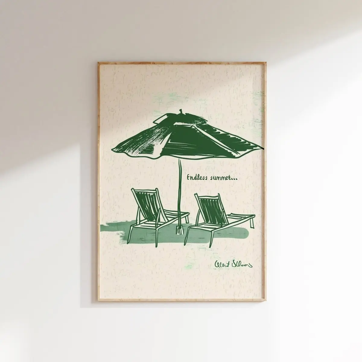 Retro Endless Summer Poster, Sun beds and Umbrella Print, Green Wall Decor, Minimalistic Summer Wall Art, Summer Quote Print, Trendy Print, Unframed