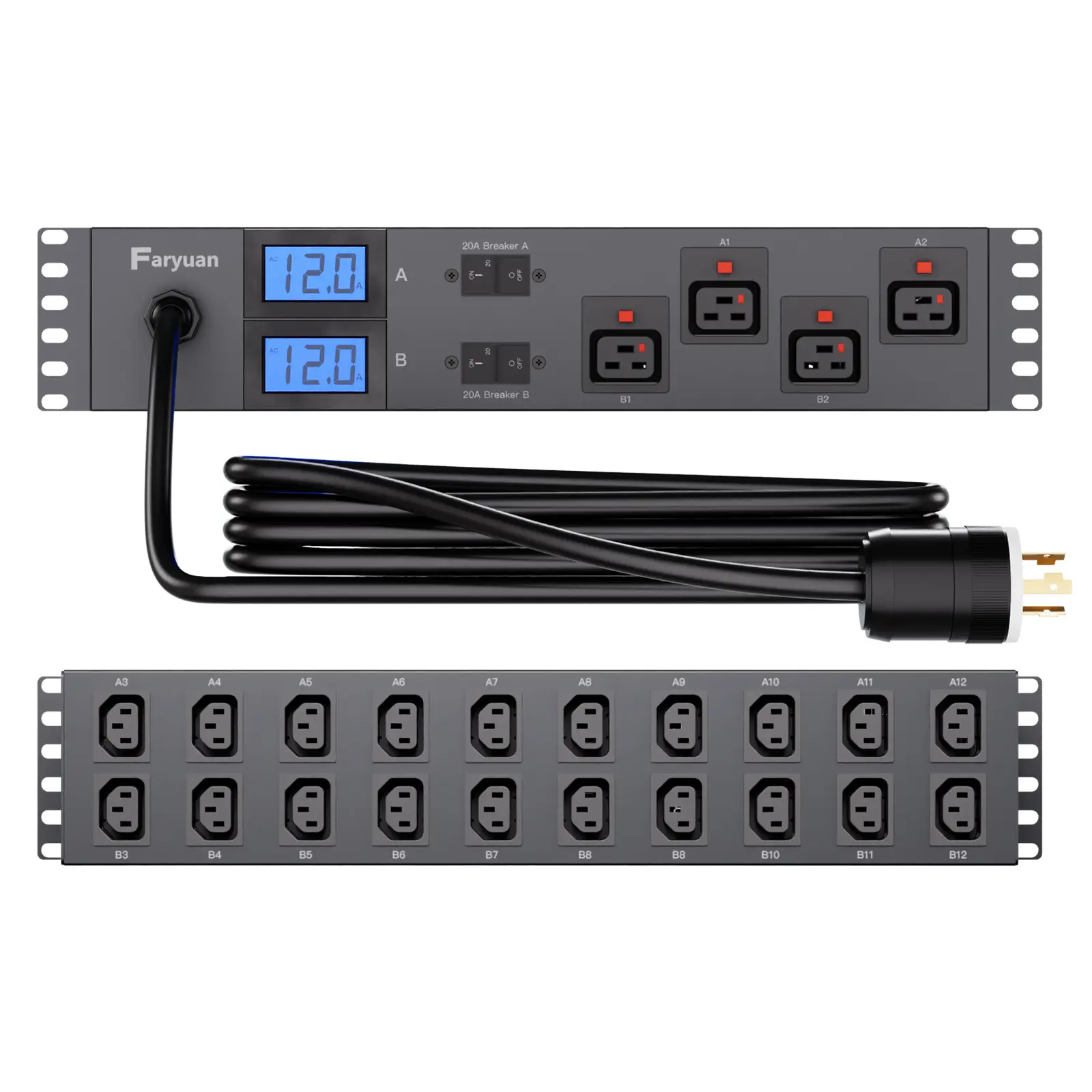 Faryuan 2U Front-Rear Rack PDU with Power Monitoring, 30A 208V/240V, 24 Outlets (4 Front Auto-Lock C19, 20 Rear C13 Universal Socket), 24A Continuous Input, Cold-Rolled Steel, Dual UL489 Breakers, Dual Mtrs, 15ft L6-30P, for GPU Clusters, ASIC Mining
