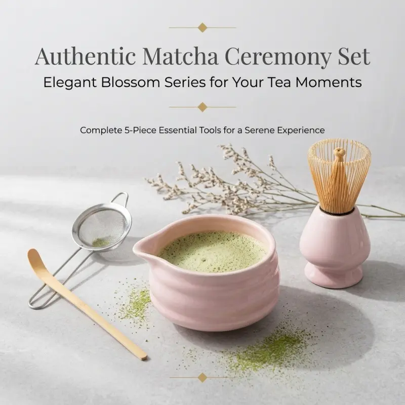 Premium Pink Ceramic Matcha Tea Set, Complete 5-Piece Ceremonial Matcha Kit with Bamboo Whisk, Sieve, Scoop, Holder & Bowl, Traditional Japanese Style for Home Tea Ceremonies & Daily Brewing