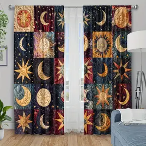 2-Pack, dark red, gold, navy blue sun and moon phase textured curtains, suitable for bedroom, living room, kitchen home decoration - modern home decoration gifts, astronomical theme art design, essential for room decoration Window Curtain