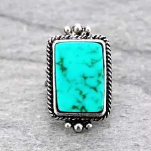 Western Rectangle Adjustable Cuff Ring, Green Marble Design, Metal Band, Simple and Elegant Style